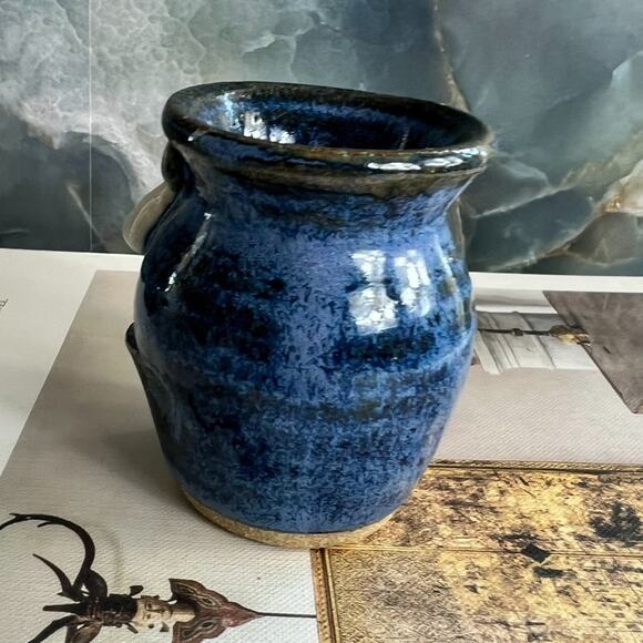 Studio Art Egg Separator Small Stoneware Blue Funny Face Open Mouth Glazed - Picture 4 of 9